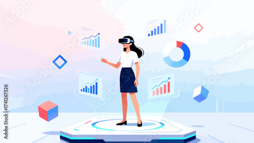 Woman using virtual reality headset with data charts