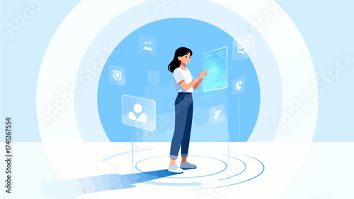 Woman interacting with digital interface