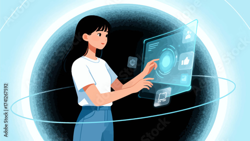 Woman interacting with holographic interface