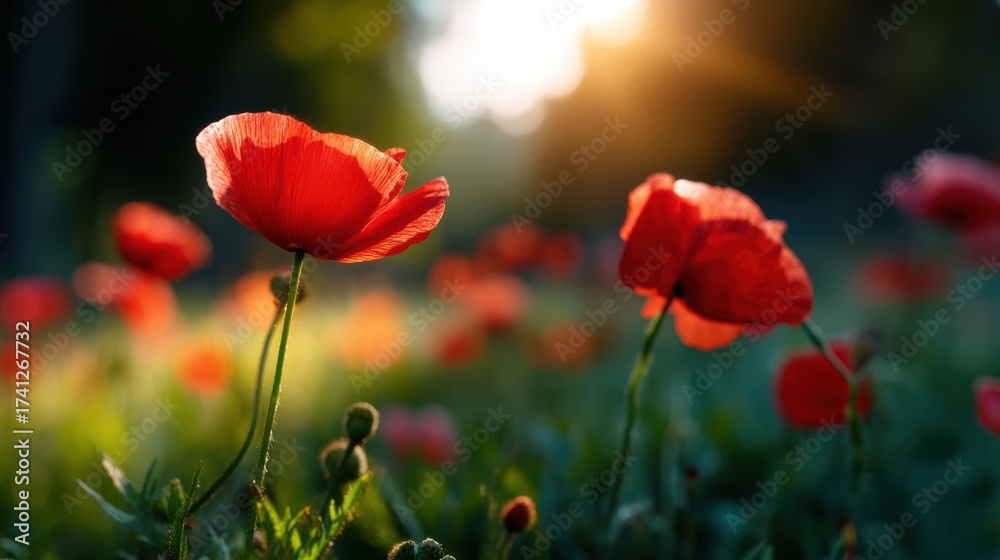 Naklejka premium Red poppies bloom in a sunlit field, with soft focus background and warm, glowing sunlight creating a tranquil, natural atmosphere
