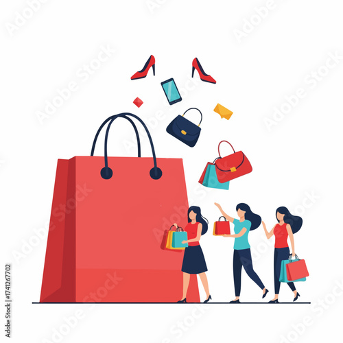 Shopping Spree: Women with Bags, Shoes, and Accessories Illustration
