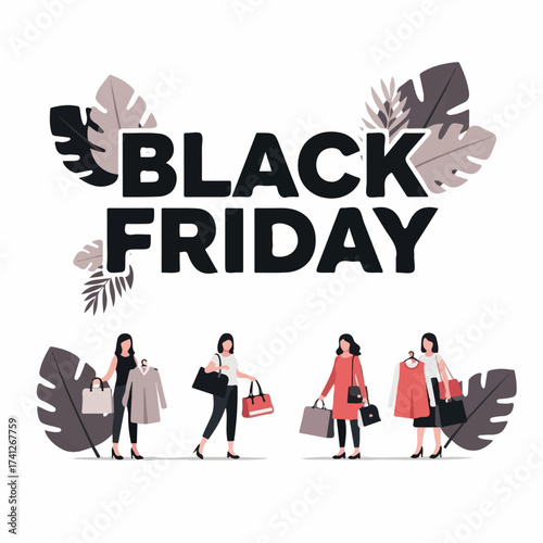 Black Friday Sale with Shoppers and Tropical Leaves Illustration
