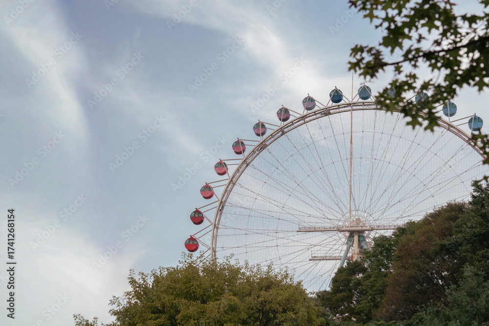 Fototapeta premium Ferris Wheel against Blue Sky and Green Trees
