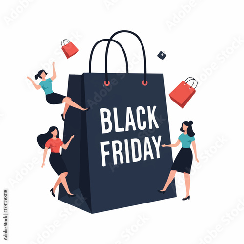 Large Black Friday shopping bag with joyful female shoppers and red bags, a flat vector illustration.