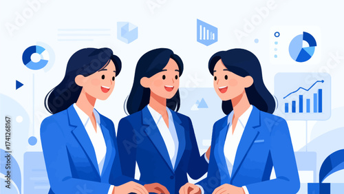 Three women in business suits smiling together
