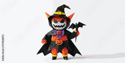 Origami Halloween Character in Witch Hat and Cape Holding a Bat