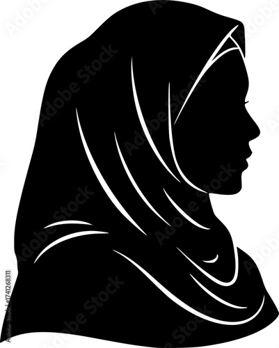 Black Vector Silhouette: Woman Wearing Hijab (Modesty)	A simple, respectful black vector silhouette of a woman's profile wearing a smoothly draped Hijab (head covering). Represents modesty,