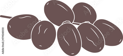 Black Vector Silhouette: Date Fruit Cluster (Iftar/Ramadan)	A simple black vector silhouette of a cluster of date fruits hanging from a small stem, often consumed when breaking the fast (Iftar) 