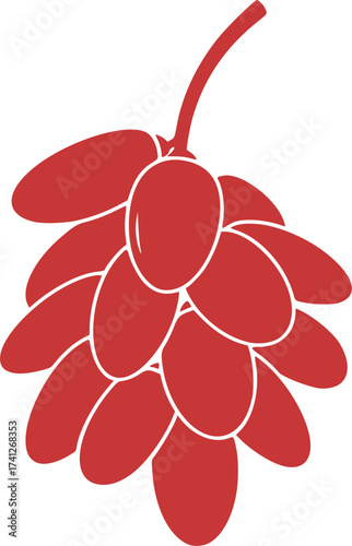 Black Vector Silhouette: Date Fruit Cluster (Iftar/Ramadan)	A simple black vector silhouette of a cluster of date fruits hanging from a small stem, often consumed when breaking the fast (Iftar) 