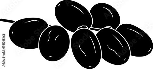 Black Vector Silhouette: Date Fruit Cluster (Iftar/Ramadan)	A simple black vector silhouette of a cluster of date fruits hanging from a small stem, often consumed when breaking the fast (Iftar) 