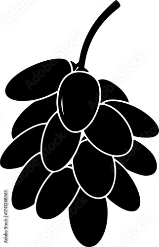 Black Vector Silhouette: Date Fruit Cluster (Iftar/Ramadan)	A simple black vector silhouette of a cluster of date fruits hanging from a small stem, often consumed when breaking the fast (Iftar) 