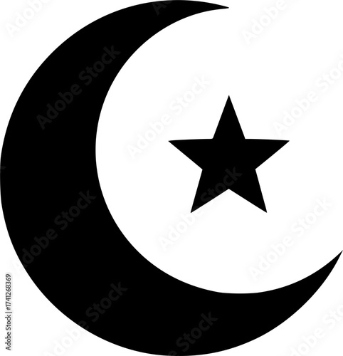Black Vector Silhouette: Crescent Moon and Star Symbol	A clear, geometric black vector silhouette of the widely recognized crescent moon and star, the primary symbol of Islam