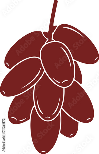 Black Vector Silhouette: Date Fruit Cluster (Iftar/Ramadan)	A simple black vector silhouette of a cluster of date fruits hanging from a small stem, often consumed when breaking the fast (Iftar) 