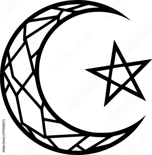 Black Vector Silhouette: Crescent Moon and Star Symbol	A clear, geometric black vector silhouette of the widely recognized crescent moon and star, the primary symbol of Islam