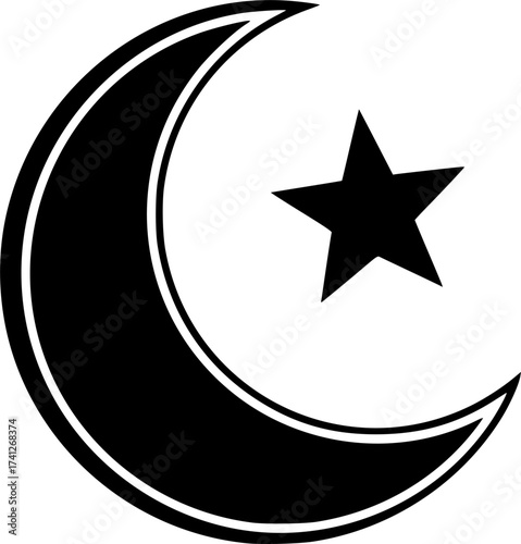 Black Vector Silhouette: Crescent Moon and Star Symbol	A clear, geometric black vector silhouette of the widely recognized crescent moon and star, the primary symbol of Islam