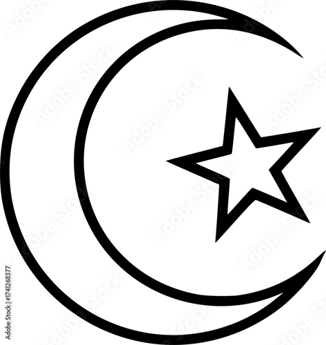 Black Vector Silhouette: Crescent Moon and Star Symbol	A clear, geometric black vector silhouette of the widely recognized crescent moon and star, the primary symbol of Islam