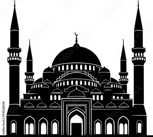 Black Vector Silhouette: Ornate Mosque Dome and Minarets	A detailed black vector silhouette of a grand Mosque facade, featuring a large central dome flanked by two tall, pointed minarets