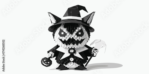 Whimsical Halloween Origami Character in Witch Costume with Pumpkin and Broom
