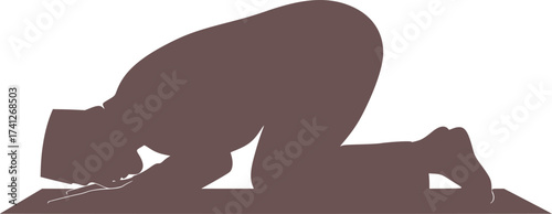 Black Vector Silhouette: Man Prostrating in Prayer (Sujud)	A profound black vector silhouette of a man performing Sujud (prostration) during Salat (prayer), with the forehead, hands, knees, and feet 
