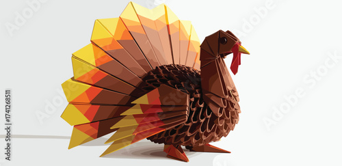 A detailed origami turkey with colorful autumn-hued paper feathers, a beautiful symbol for the Thanksgiving holiday