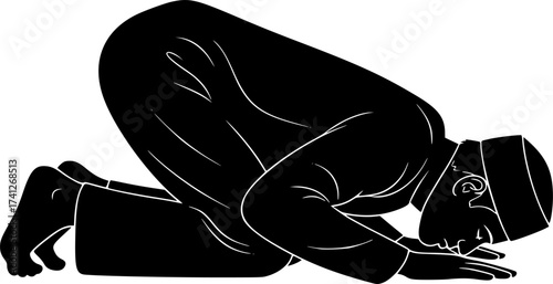 Black Vector Silhouette: Man Prostrating in Prayer (Sujud)	A profound black vector silhouette of a man performing Sujud (prostration) during Salat (prayer), with the forehead, hands, knees, and feet 