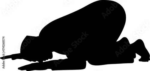 Black Vector Silhouette: Man Prostrating in Prayer (Sujud)	A profound black vector silhouette of a man performing Sujud (prostration) during Salat (prayer), with the forehead, hands, knees, and feet 