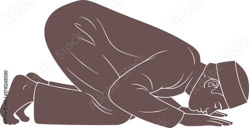 Black Vector Silhouette: Man Prostrating in Prayer (Sujud)	A profound black vector silhouette of a man performing Sujud (prostration) during Salat (prayer), with the forehead, hands, knees, and feet 