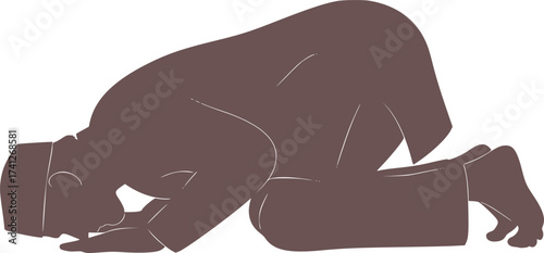 Black Vector Silhouette: Man Prostrating in Prayer (Sujud)	A profound black vector silhouette of a man performing Sujud (prostration) during Salat (prayer), with the forehead, hands, knees, and feet 
