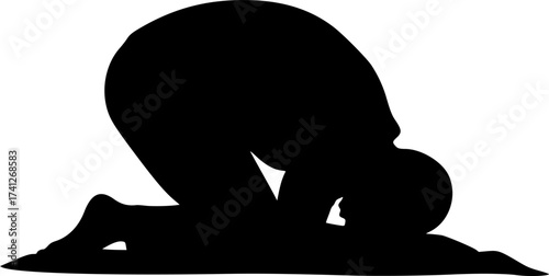 Black Vector Silhouette: Man Prostrating in Prayer (Sujud)	A profound black vector silhouette of a man performing Sujud (prostration) during Salat (prayer), with the forehead, hands, knees, and feet 