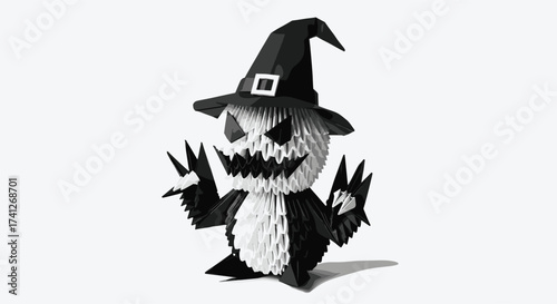 Spooky black and white origami monster, a papercraft creature with a witch's hat, menacing smile, and sharp claws, perfect for Halloween art and craft projects