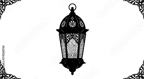 Black Vector Silhouette: Lantern (Fanoos) with Intricate Details	A detailed black vector silhouette of a traditional Fanoos (lantern), often used during Ramadan