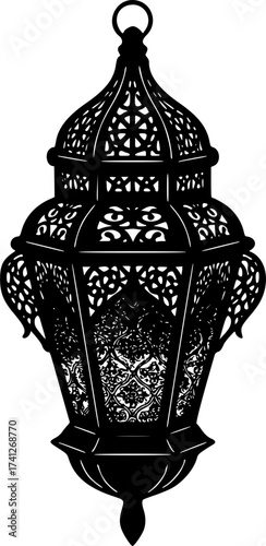 Black Vector Silhouette: Lantern (Fanoos) with Intricate Details	A detailed black vector silhouette of a traditional Fanoos (lantern), often used during Ramadan