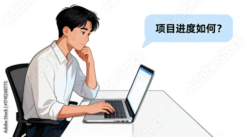 Man working on laptop with speech bubble