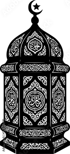 Black Vector Silhouette: Lantern (Fanoos) with Intricate Details	A detailed black vector silhouette of a traditional Fanoos (lantern), often used during Ramadan