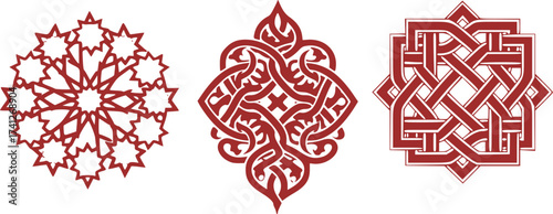 Black Vector Silhouette: Set of Three Geometric Pattern Tiles	A set of three small, highly detailed black vector silhouettes of common Islamic geometric patterns (e.g., repeating star, arabesque