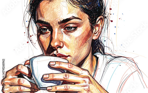 Woman enjoying a warm beverage in a delicate art style, showcasing serene contemplation