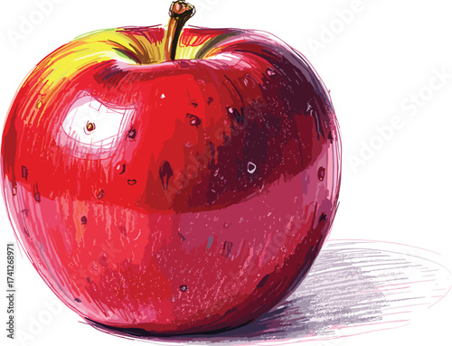 Vibrant and detailed hand-drawn illustration of a single fresh red apple glistening with water droplets, isolated on a white background