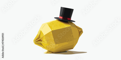 Surreal concept of a fancy geometric lemon wearing a classic black top hat, a low-poly digital art illustration isolated on a white background