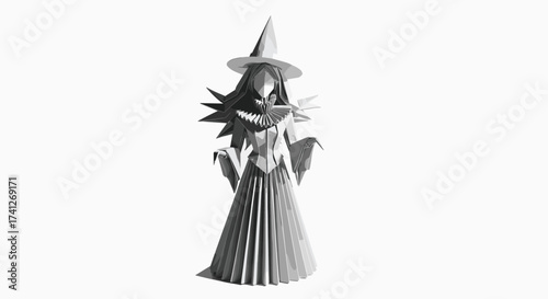 Whimsical Grayscale Paper Art Depicting a Fantasy Witch Character, Showcasing Detailed Folding and Creative Craftsmanship