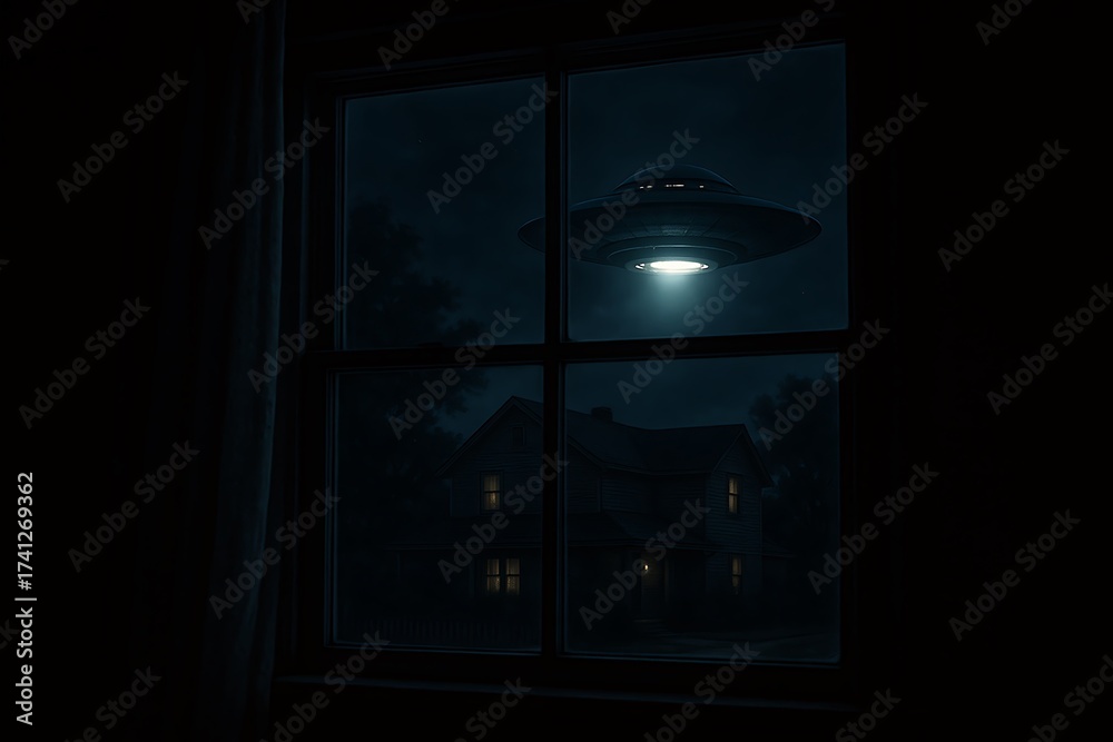 Obraz premium UFO Hovering Over House at Night Seen Through Window