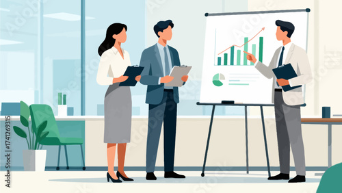 Business team reviewing data on presentation board