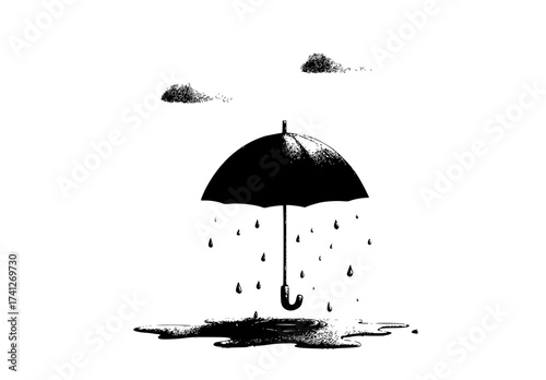 a black and white drawing of an umbrella falling into a puddle with raindropsblack, cloud, cloudy, floor, open, photo, puddle, rain, sky, umbrella, white 