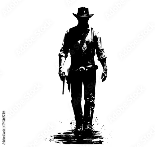 a silhouette of a cowboy walking with a gunblack, catch, cowboy, cowboy hat, fedora, gun, handgun, hat, man, rifle, sun hat, walk 