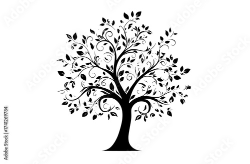 a black and white stylized tree with swirls and leavesblack, illustration, profile, tree 