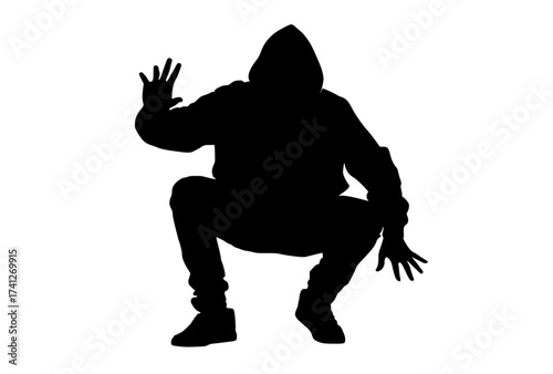 a silhouette of a squatting man in a hooded outfitblack, floor, hand, hood, hoodie, jump, man, person, profile, snowboarder, squat, trick 
