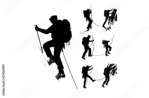 a group of silhouettes of mountaineers climbing up a mountainblanket, climb, climber, hill, illustration, man, mountain, mountaineer, peak, person, profile, skier, up 