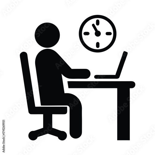 Black silhouette of person working at desk with laptop and clock white