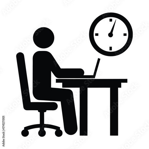 Black silhouette of person working on laptop at desk with clock overhead white