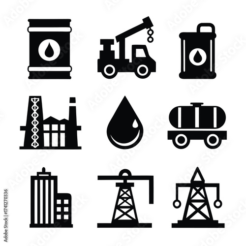 Set of black industrial icons including oil barrel crane factory and power tower drop liquid