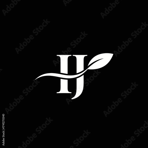Elegant initial HJ, IJ, H, letter logo design with a swoosh leaf element. A clean and classic monogram concept for a natural or wellness brand identity